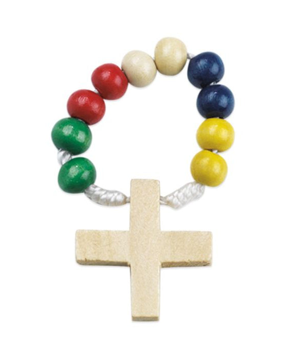 Colorful beaded bracelet with a wooden cross on a white background