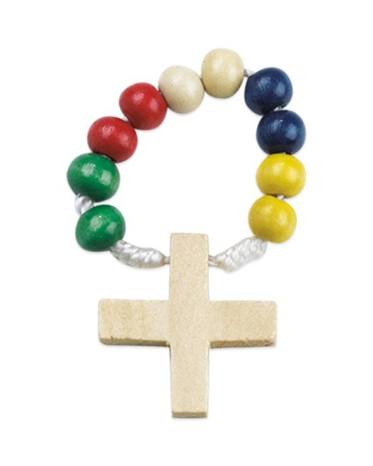 Colorful beaded bracelet with a wooden cross on a white background