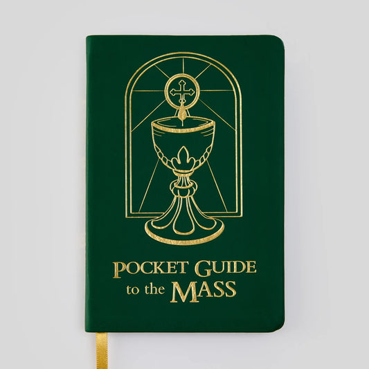 Green notebook with gold design and text 'Pocket Guide to the Mass' on a light gray background