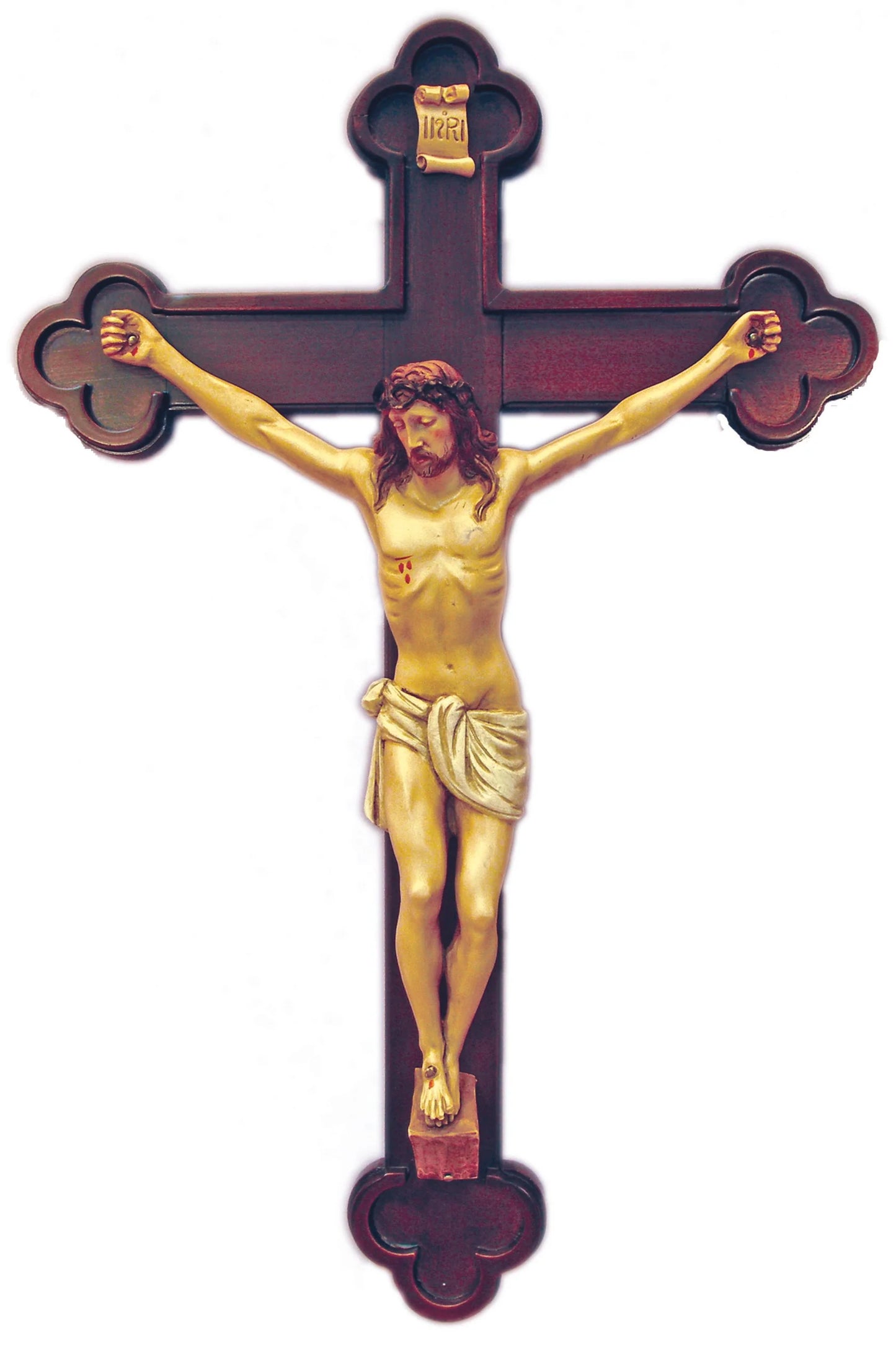 24" Crucifix in hand-painted alabaster on a budded wood cross
