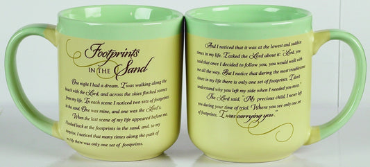 Two green mugs with 'Footprints in the Sand' text on a white background