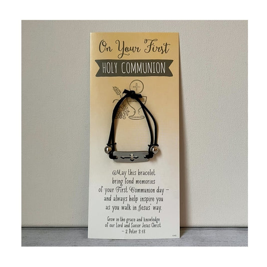 Black Communion Stretch Bracelet with Pewter Cross