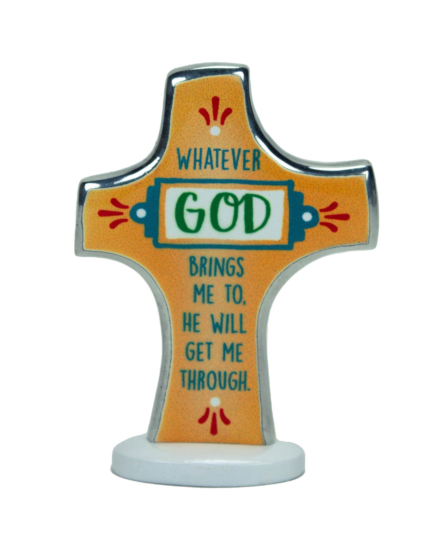 Decorative cross with motivational quote on an orange background
