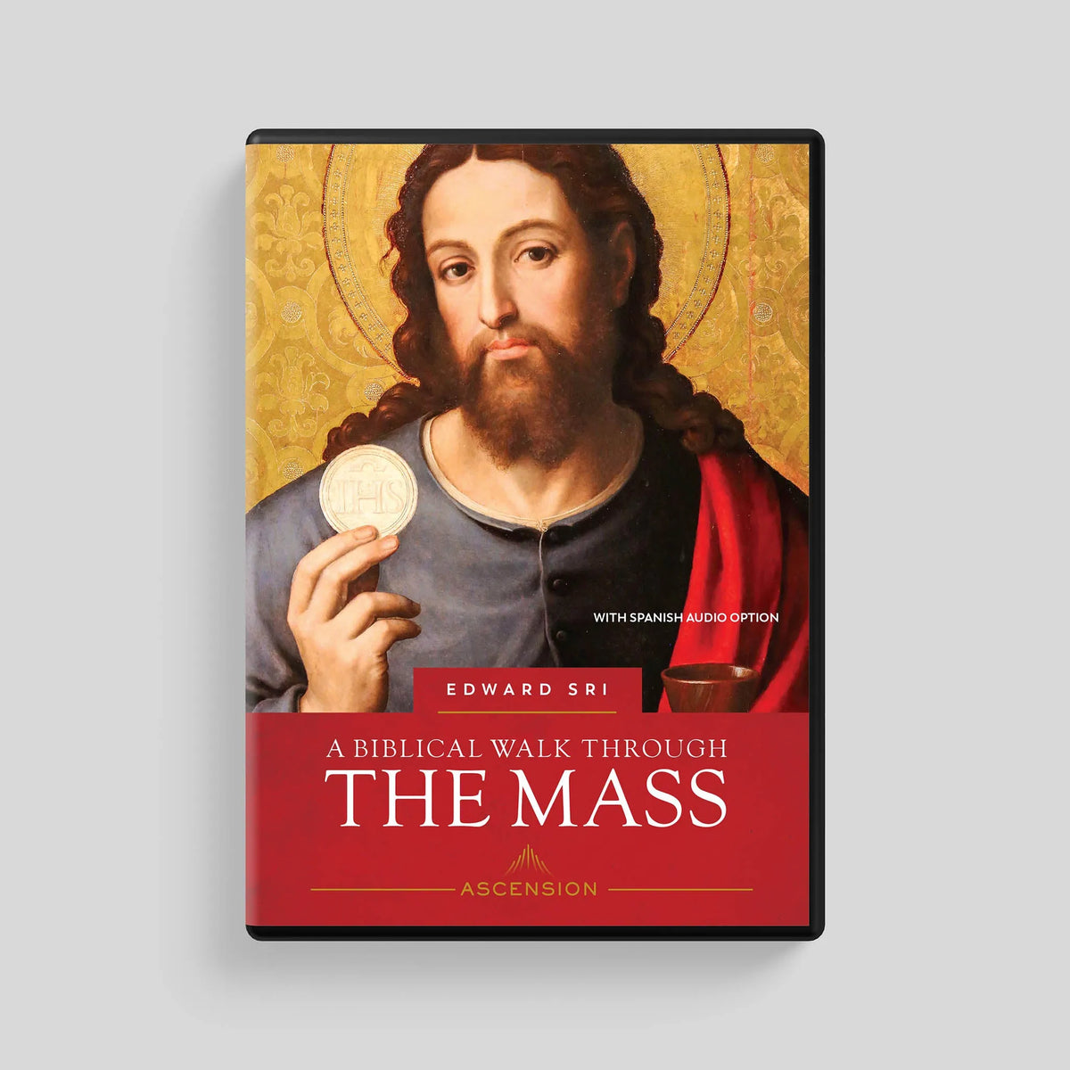 A DVD-style cover for a religious video titled "A Biblical Walk Through The Mass" by Edward Sri, showing a painted portrait of Jesus holding a chalice against a gold background, with a red lower title band and the Ascension logo.