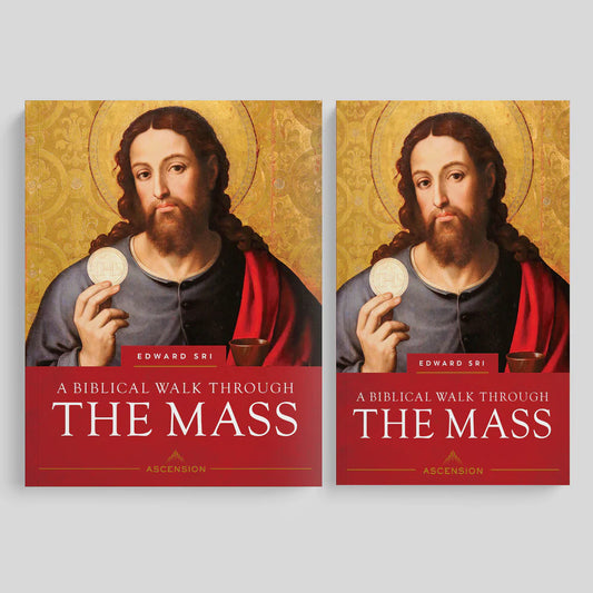 Two book covers of 'A Biblical Walk Through The Mass' by Edward Sri on a light gray background.