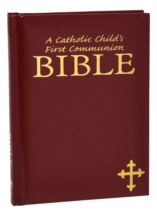 Maroon Bible for Catholic First Communion with gold text and cross design