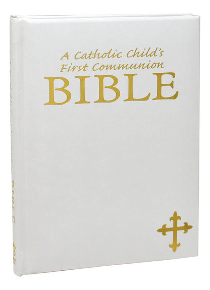 White Bible with gold text and cross, titled 'A Catholic Child's First Communion Bible'.