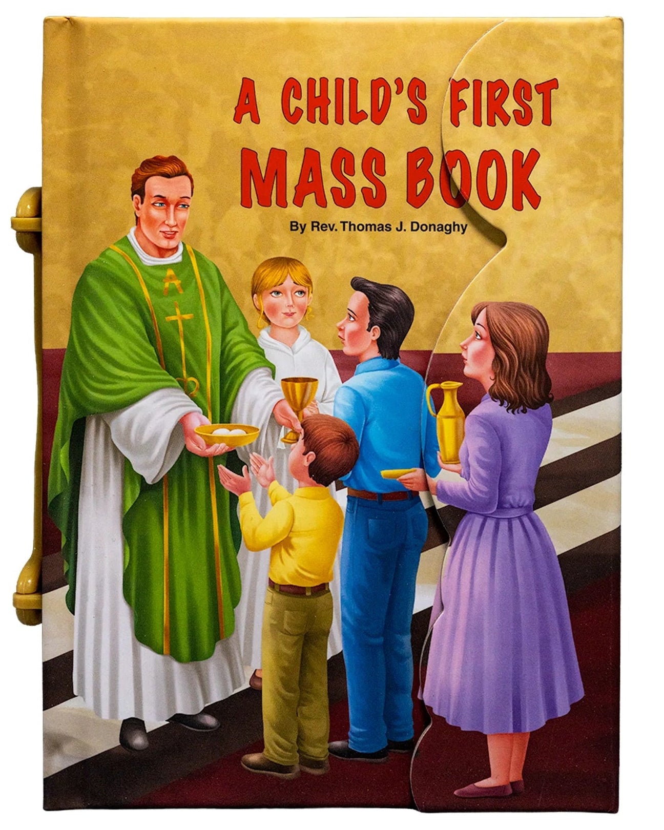 Book titled 'A Child's First Mass Book' with a cover illustration of a priest and children in a church setting.