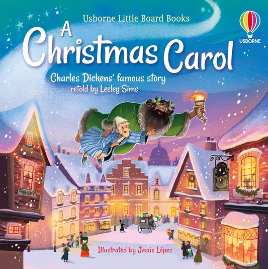Book cover of 'A Christmas Carol' by Usborne Little Board Books with a snowy village scene.