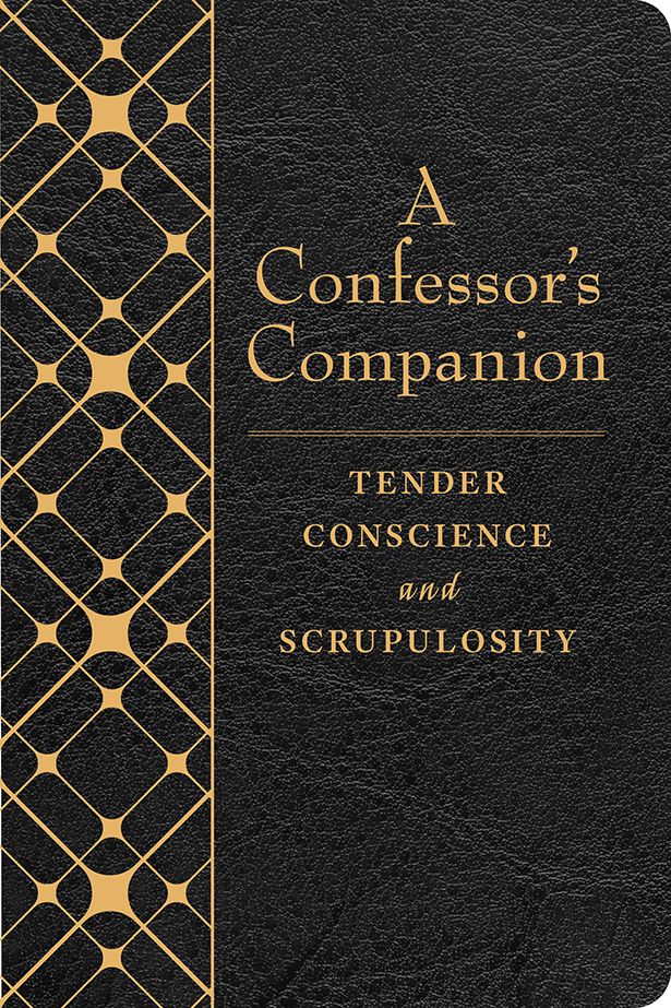 Black book cover with gold patterns and text 'A Confessor's Companion: Tender Conscience and Scrupulosity'.