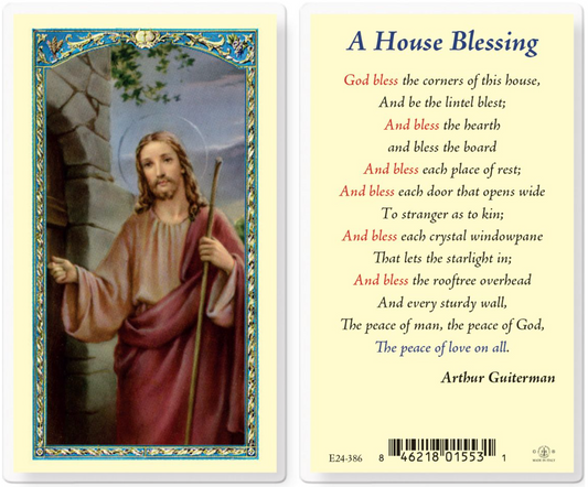 House blessing card with a religious figure and text on a white background