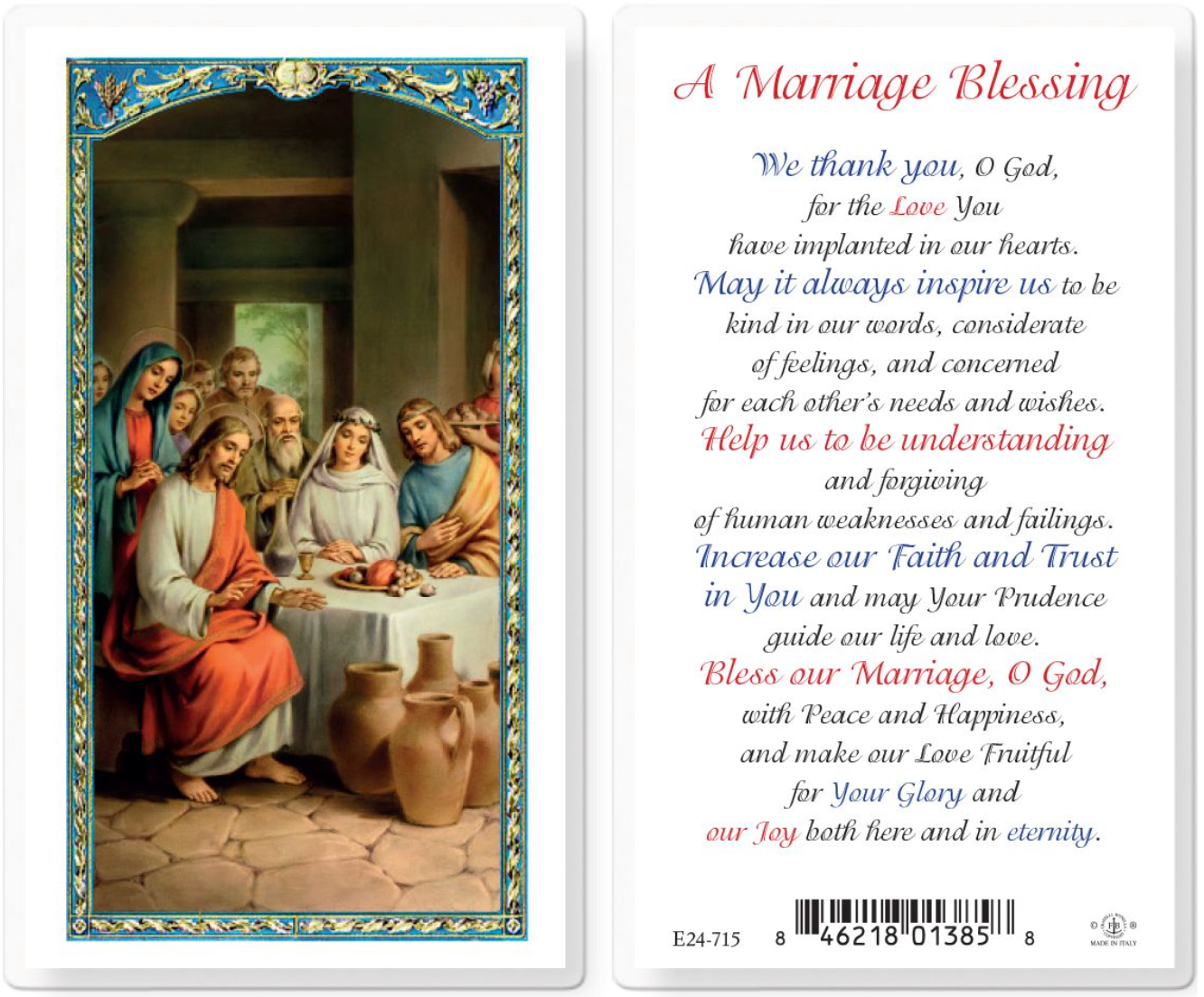 Marriage blessing card with religious illustration on one side and text on the other
