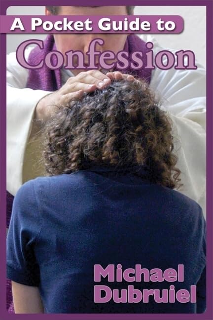 Book cover of 'A Pocket Guide to Confession' by Michael Dubruiel with a priest and person on a purple background.