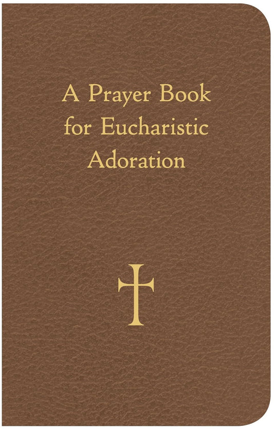 Brown prayer book with gold text and cross symbol