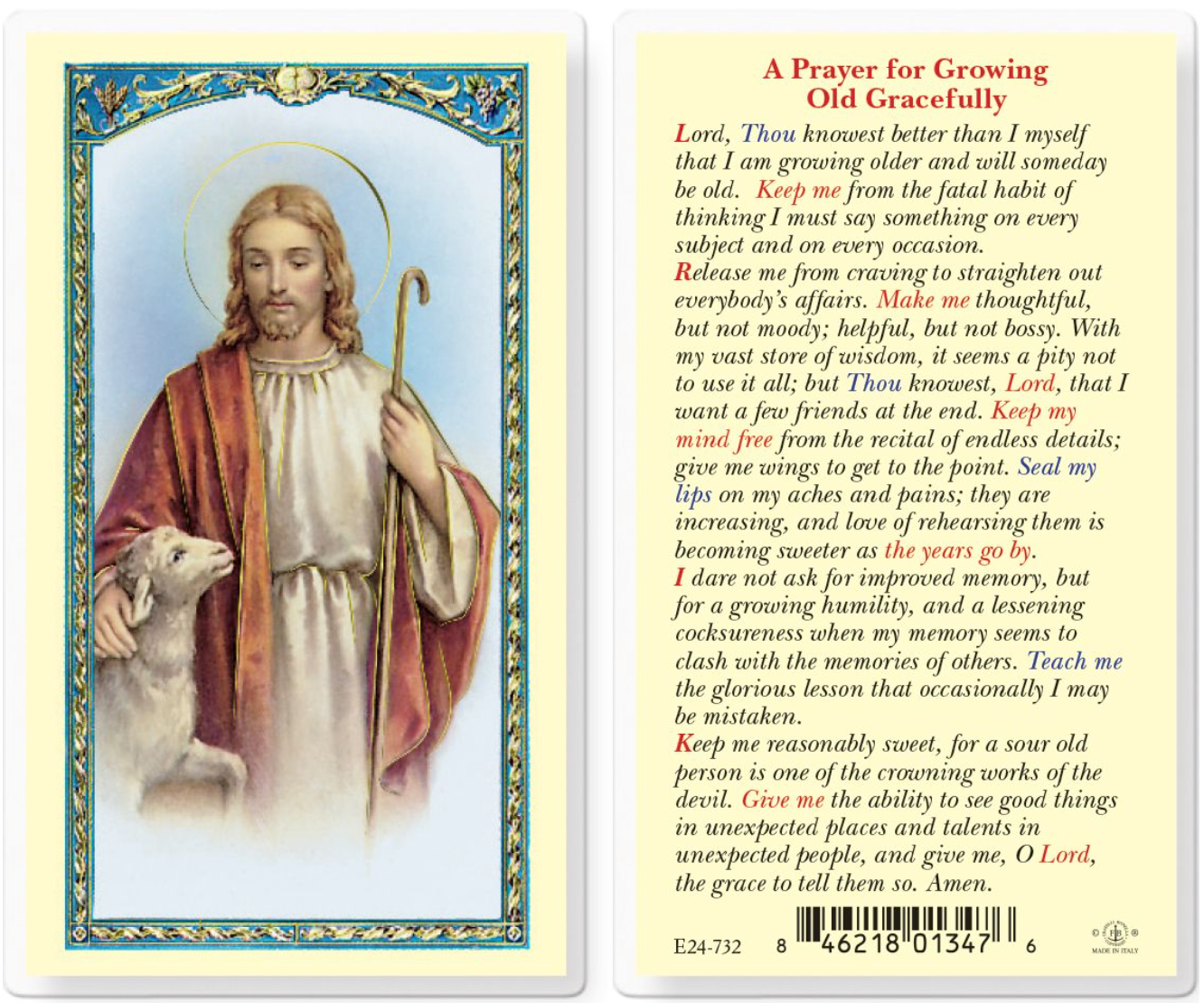 Prayer card with illustration of a robed figure holding a lamb and text on a white background