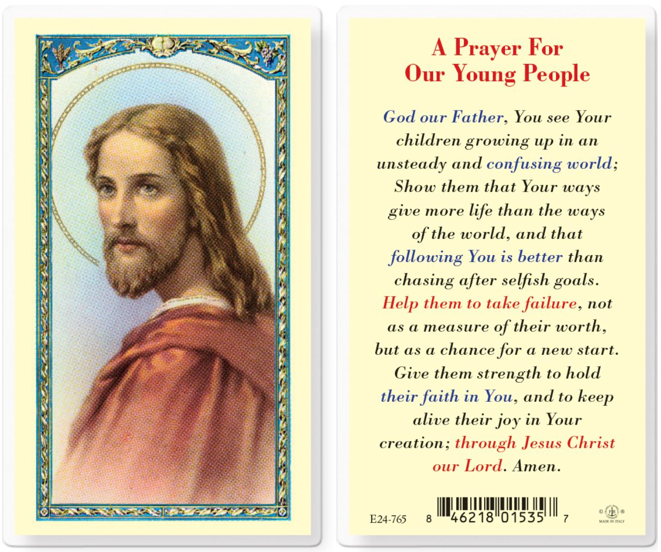 Prayer card with a portrait of a religious figure on one side and text on the other, featuring a colorful border.