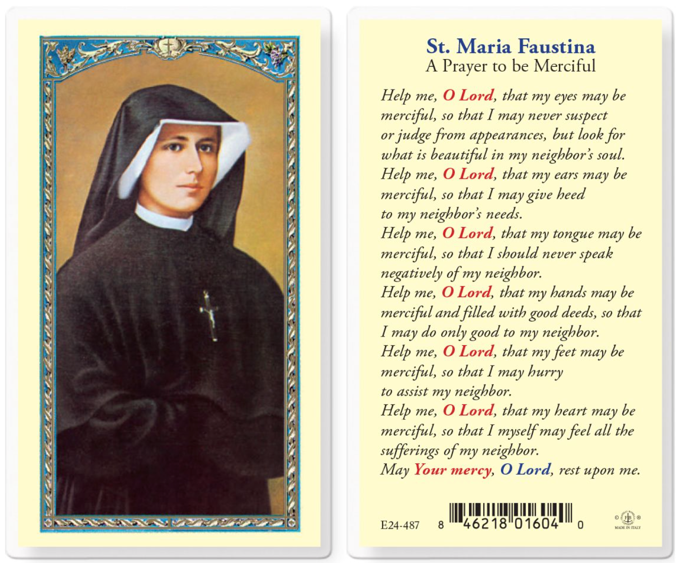 Prayer card featuring a portrait of a nun on one side and text on the other, with decorative elements.