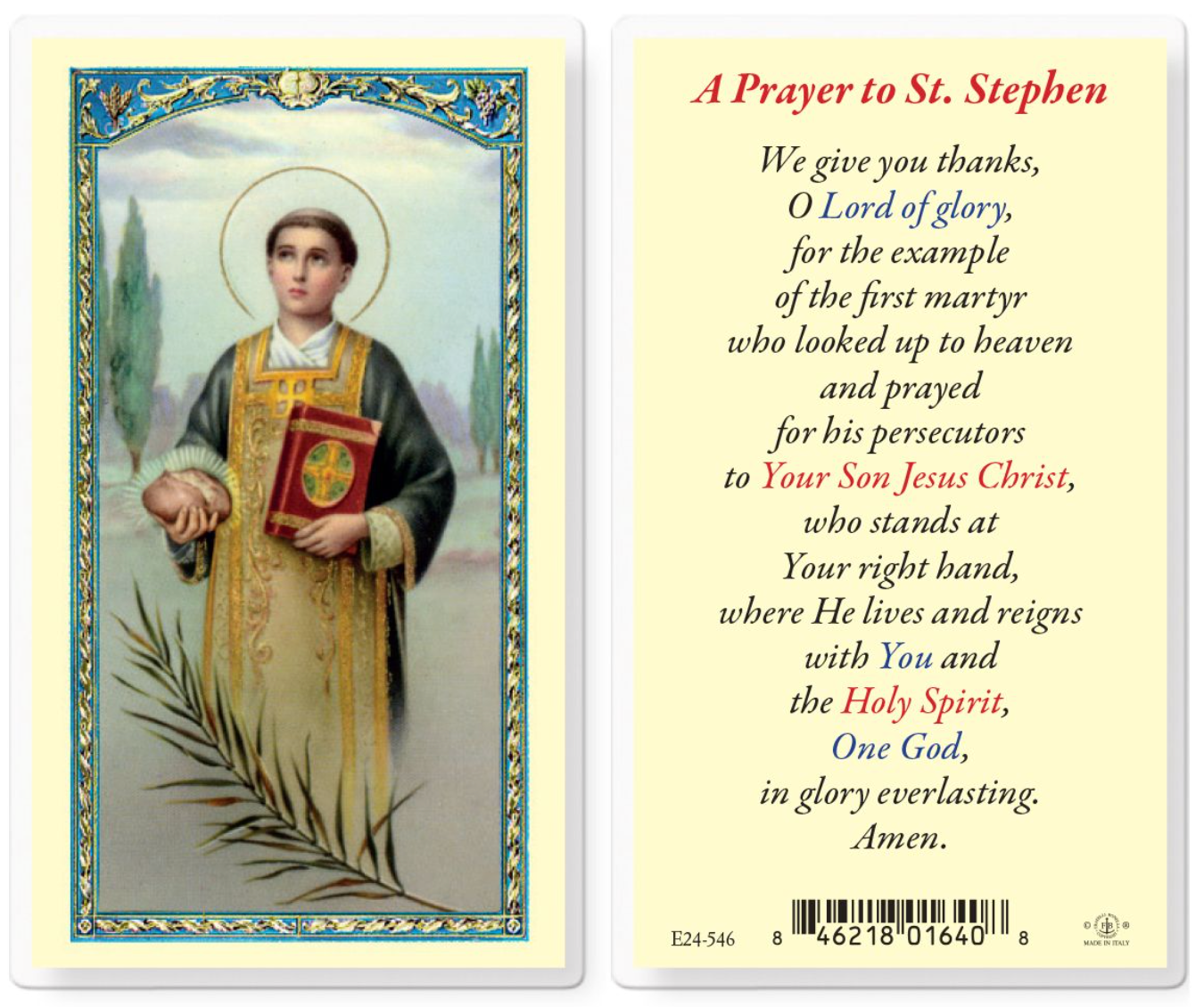 Prayer card with illustration of a saint and text on a white background