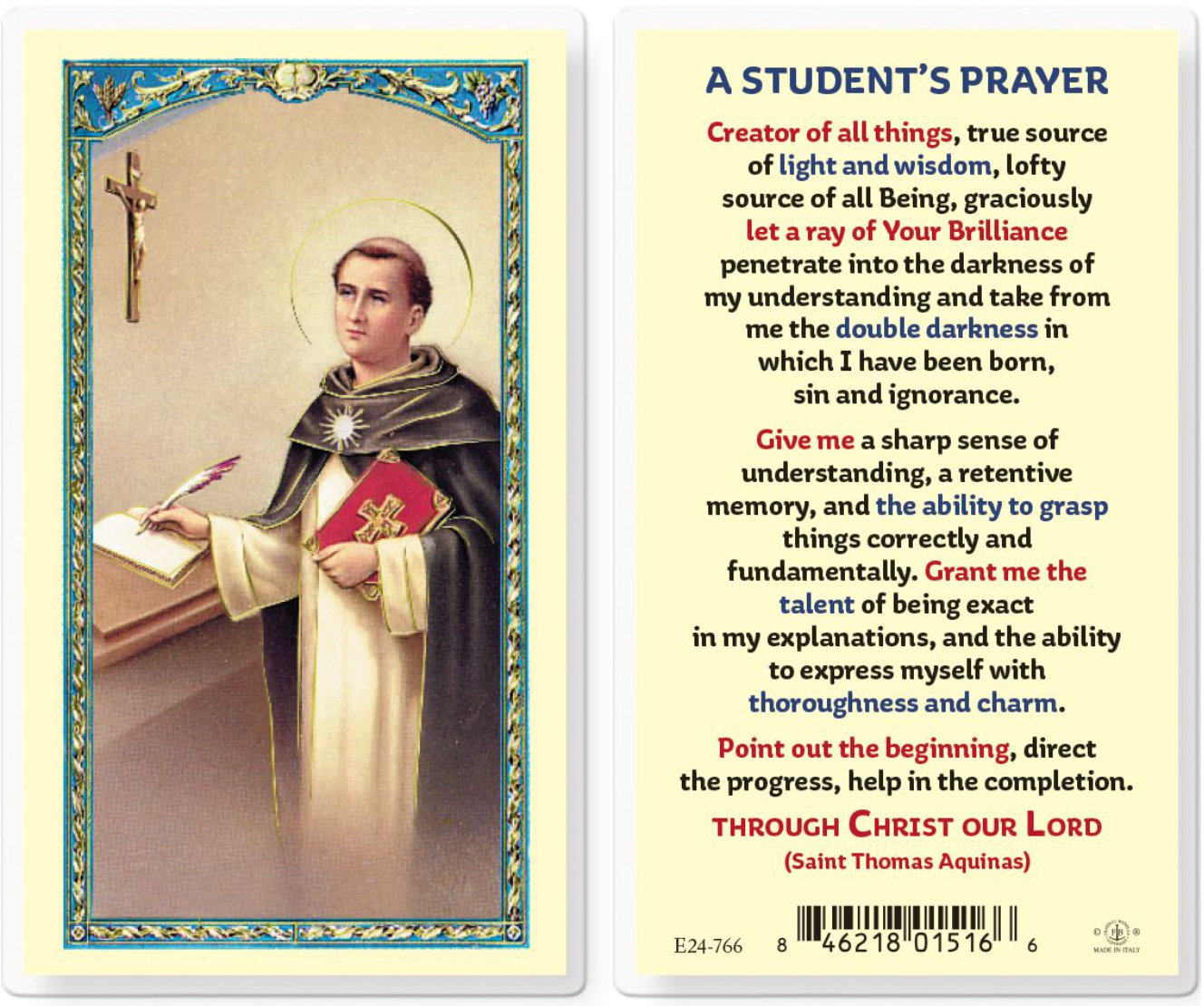 Prayer card with a portrait of a religious figure and a prayer text on a white background