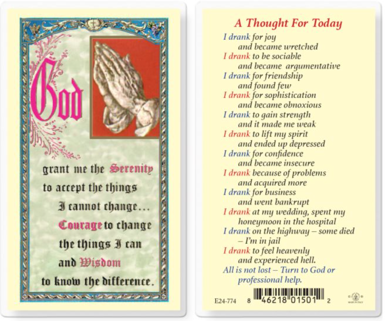 Thought For Today Holy Card