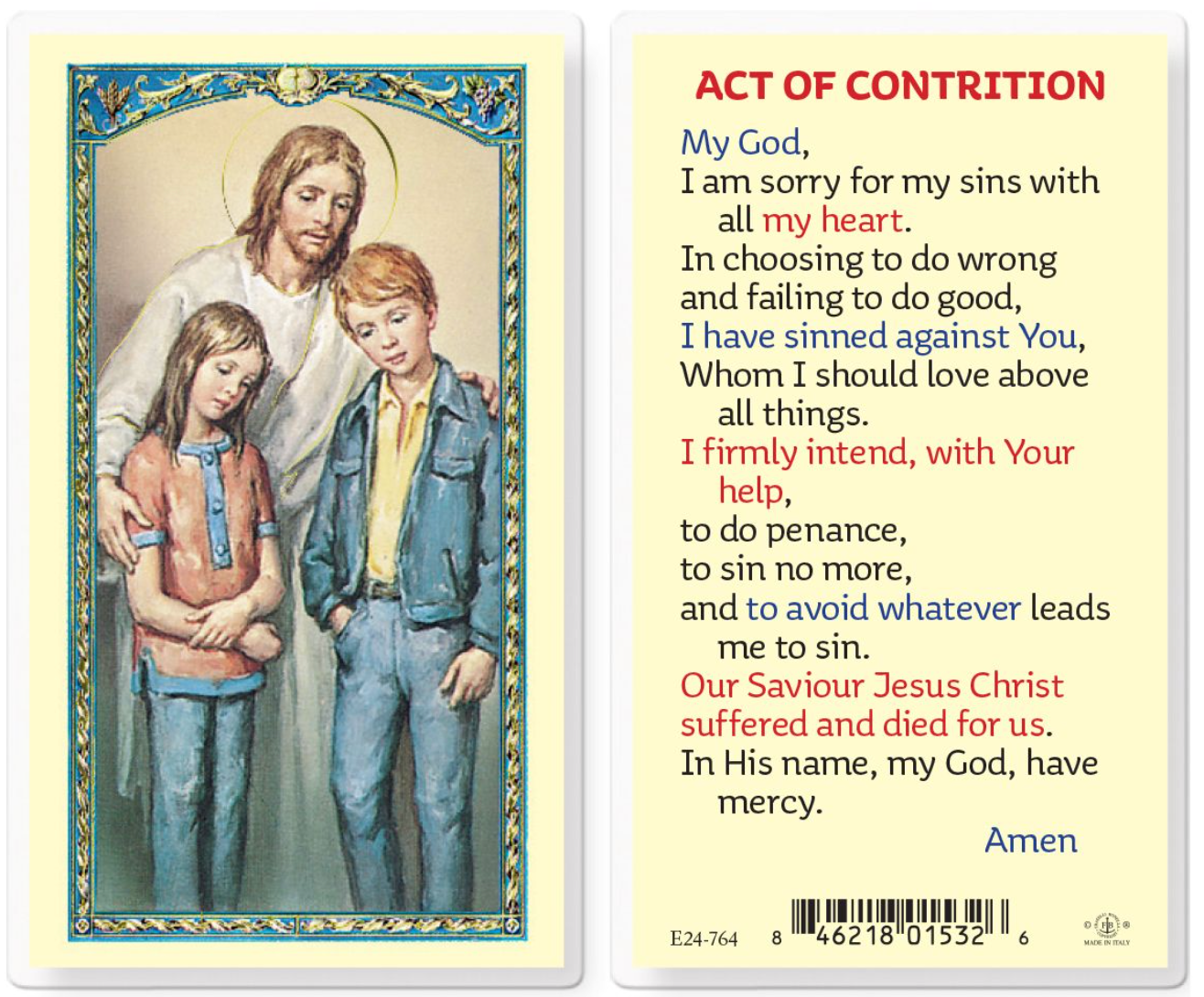 Prayer card with illustration of Jesus with two children and text on a yellow background