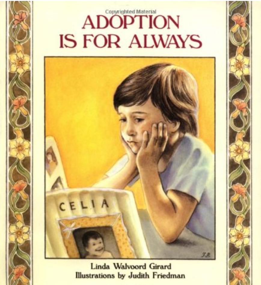 Book cover of 'Adoption is for Always' with a child looking at a photo frame.