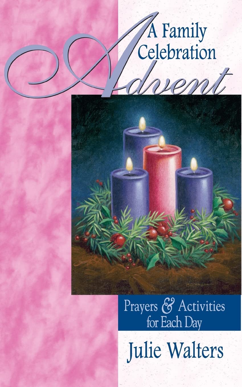 Book cover of 'A Family Celebration Advent' with candles and wreath illustration on pink and blue background