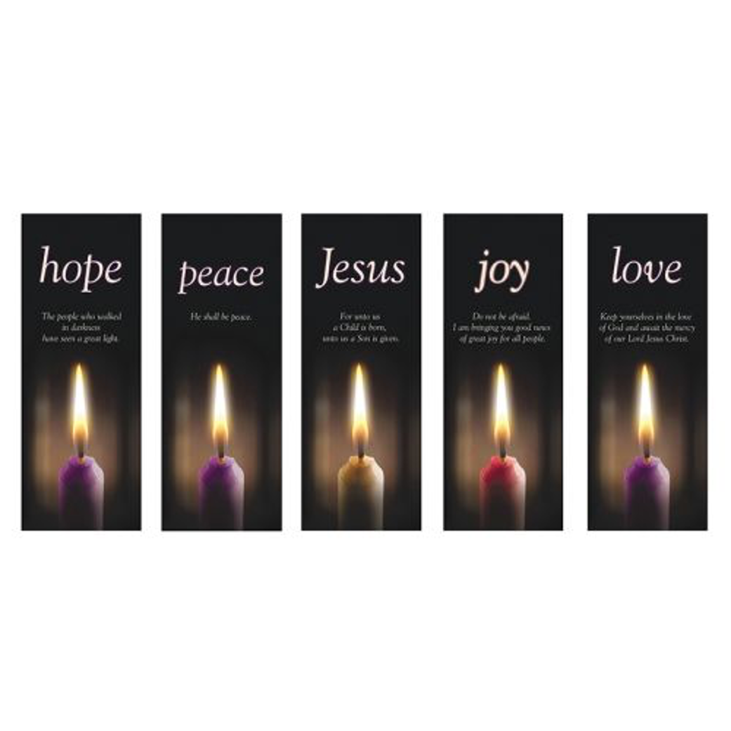 A set of five banners with each bearing a lit candle and the corresponding word: Hope, Peace, Jesus, Joy, Love, against a dark background.