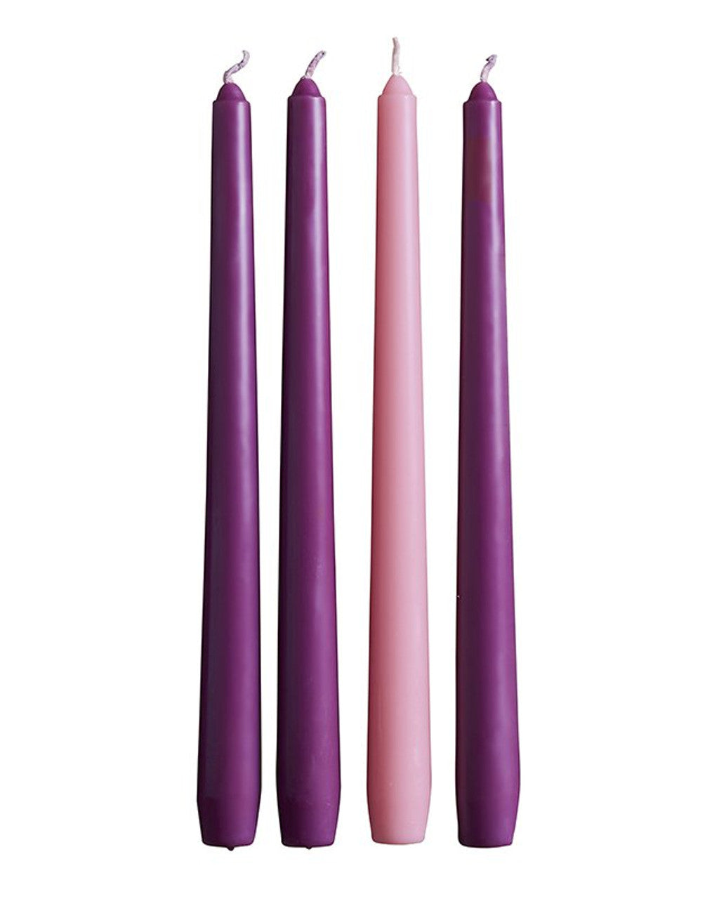 Four purple candles of varying heights on a white background