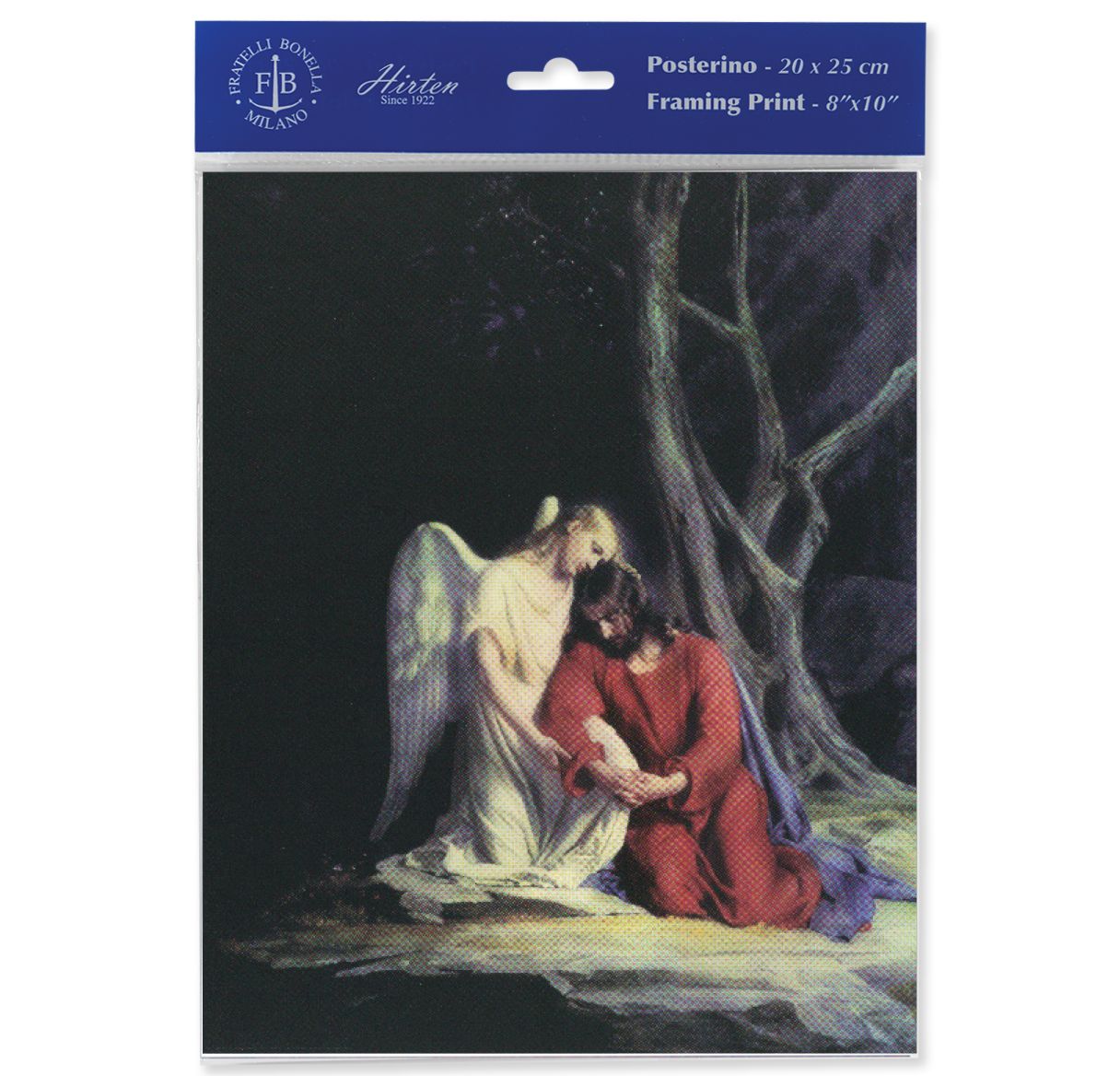 Framing print packaging with an angel and a person under a tree, featuring F.B. Bonanni logo.