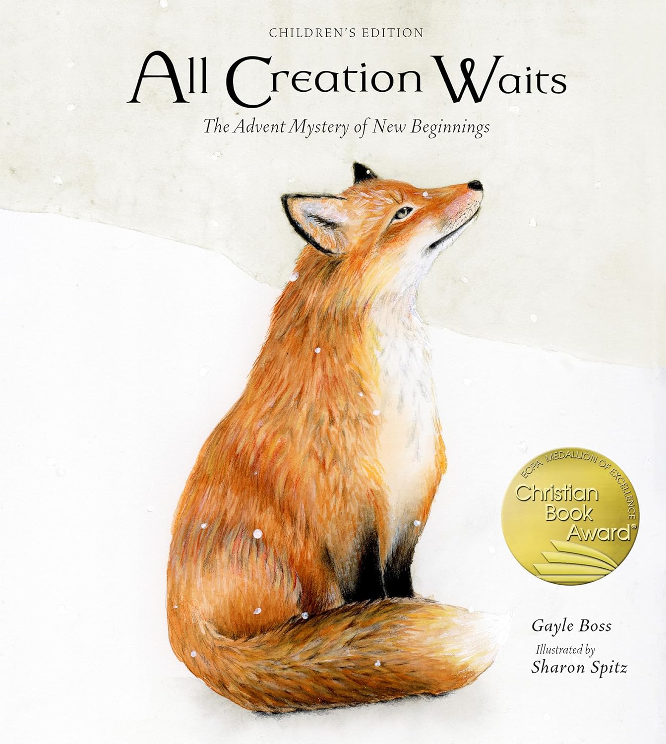 Book cover with a fox illustration and 'All Creation Waits' title on a light background