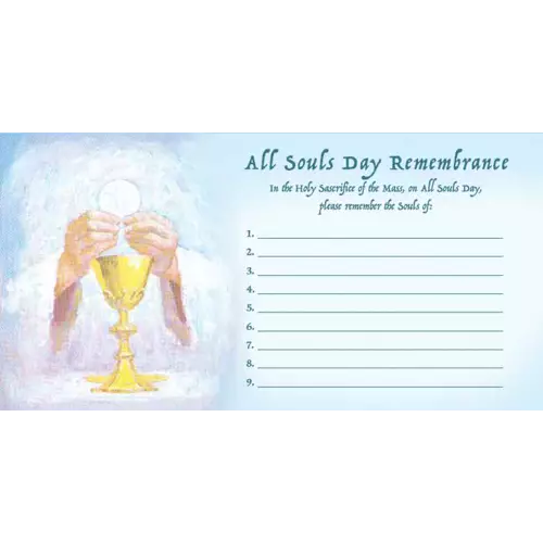 All Souls Day Remembrance card with hands holding a chalice and space for writing names.