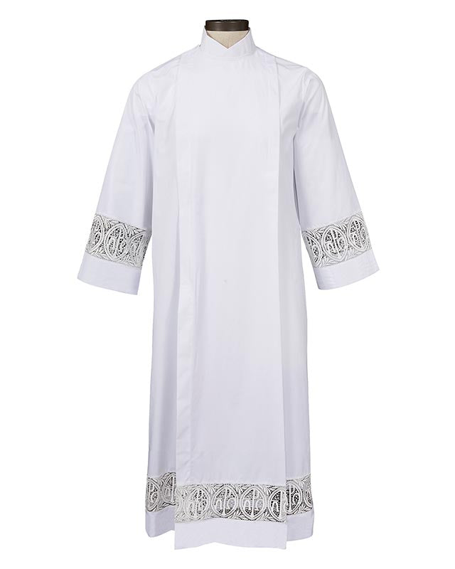 A white Alpha and Omega lace insert front wrap alb with designed collar, sleeves with lace detailing, and a Velcro closure at the shoulder.