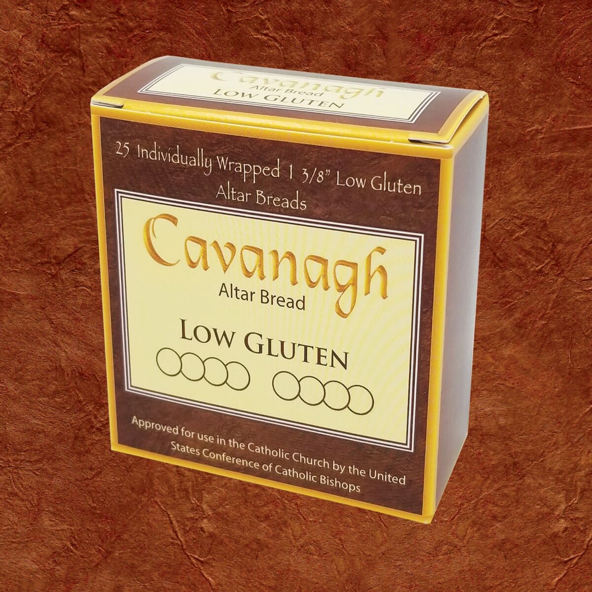Box of Cavanagh Low Gluten Altar Bread on a brown textured background