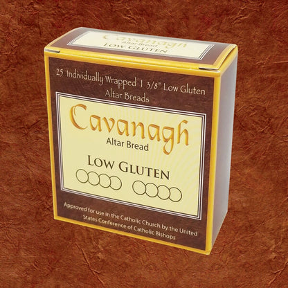 Box of Cavanagh Low Gluten Altar Bread on a brown textured background