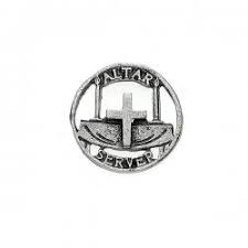 Decorative emblem with a ship and cross, featuring the word 'ALTAR SERVE' on a white background.