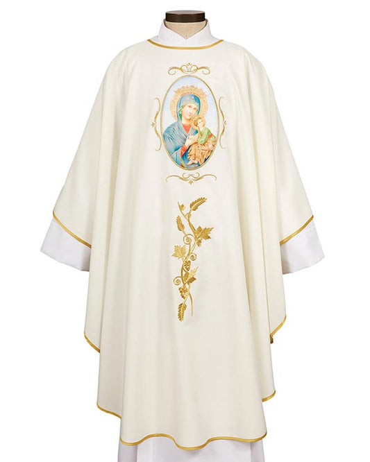 A white chasuble with a gold-embroidered image of Our Lady of Perpetual Help and gold lace trim.