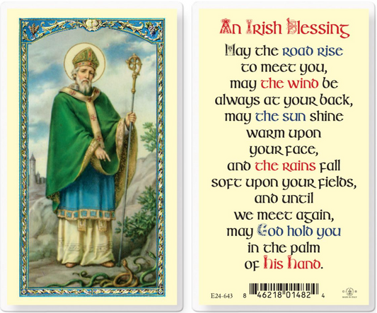 Card with an illustration of a saint and an Irish blessing text.