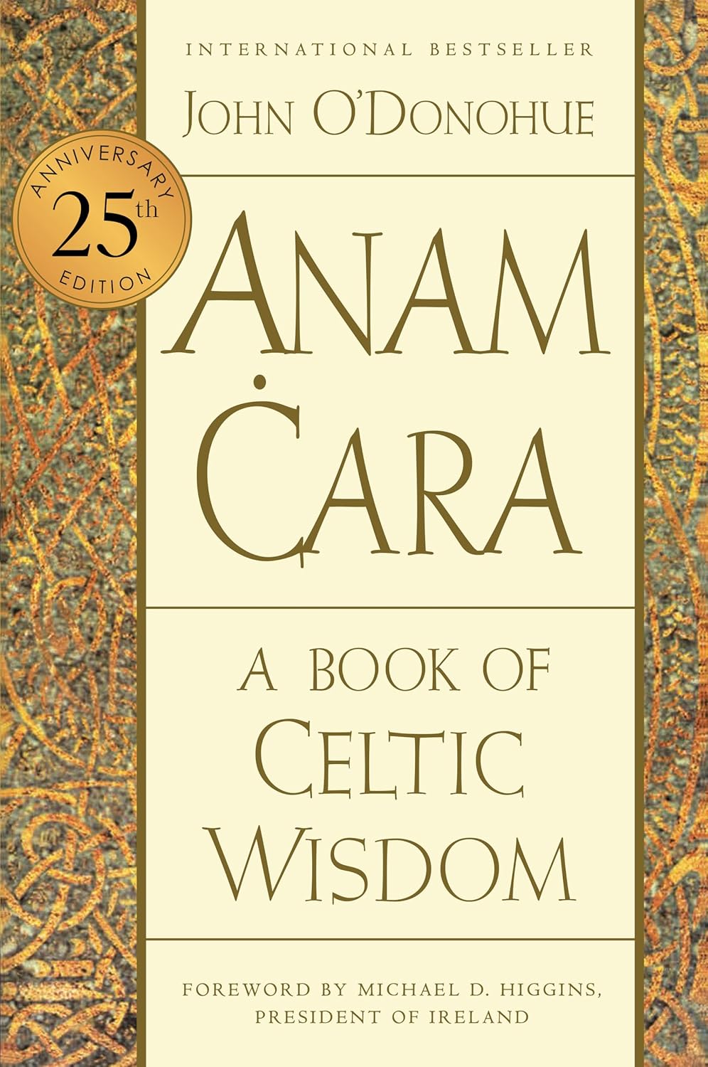 Book cover of 'Anam Cara: A Book of Celtic Wisdom' with decorative elements and gold accents.