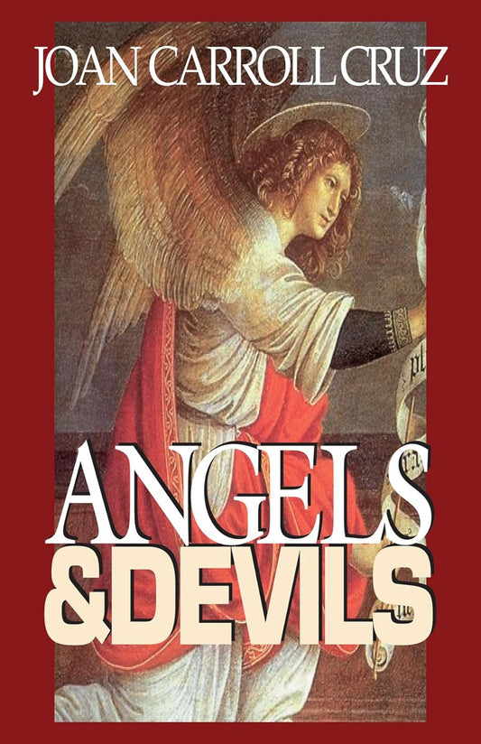 Book cover of 'Angels & Devils' by Joan Carroll Cruz with an angel illustration on a red background.