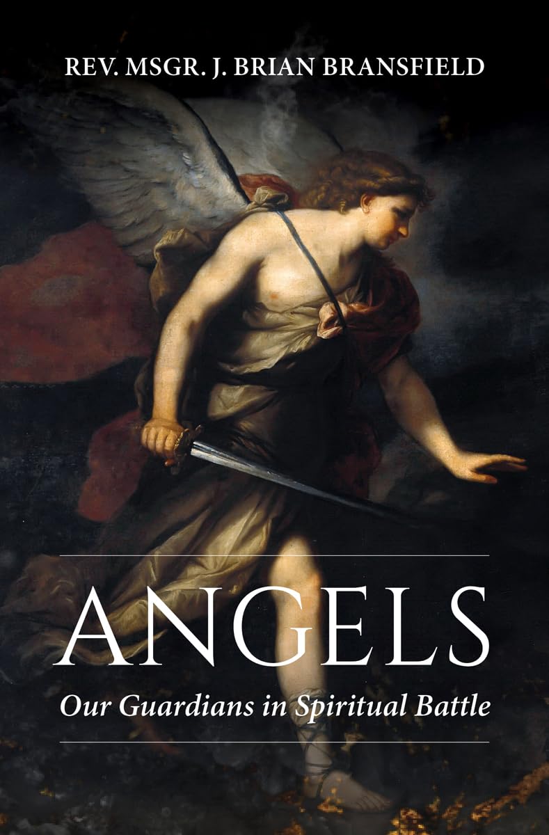 Book cover of 'Angels: Our Guardians in Spiritual Battle' by Rev. MSGR. J. Brian Bransfield with an angel illustration.