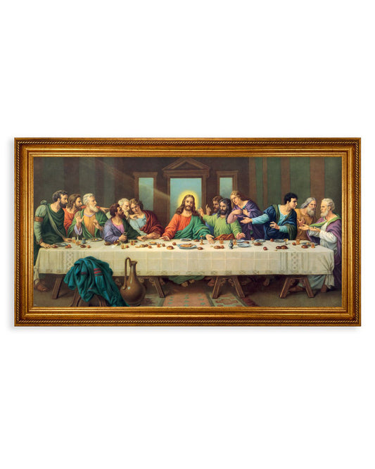 Framed artwork of 'The Last Supper' with Jesus and disciples around a table.