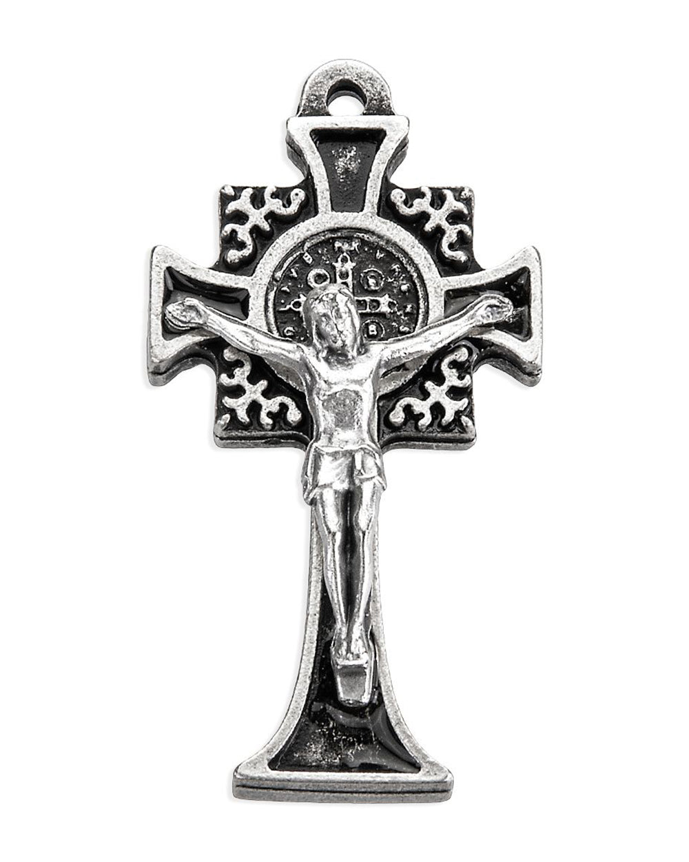 Silver crucifix pendant on a white background