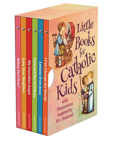 Set of Little Books for Catholic Kids with colorful spines and a prominent pink cover featuring illustrations.