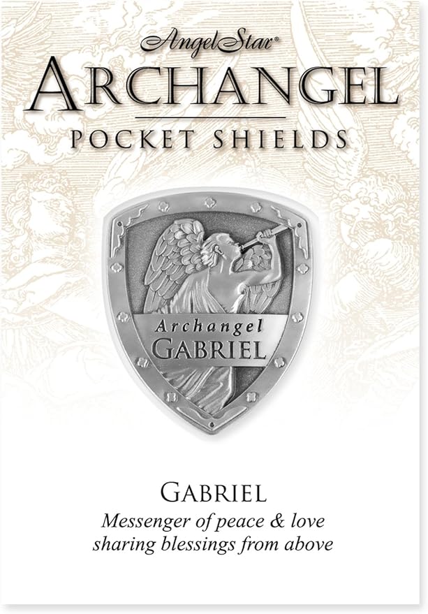 A collectible card featuring an embossed emblem of Archangel Gabriel with the text 'Archangel Gabriel - Messenger of peace & love, sharing blessings from above'.