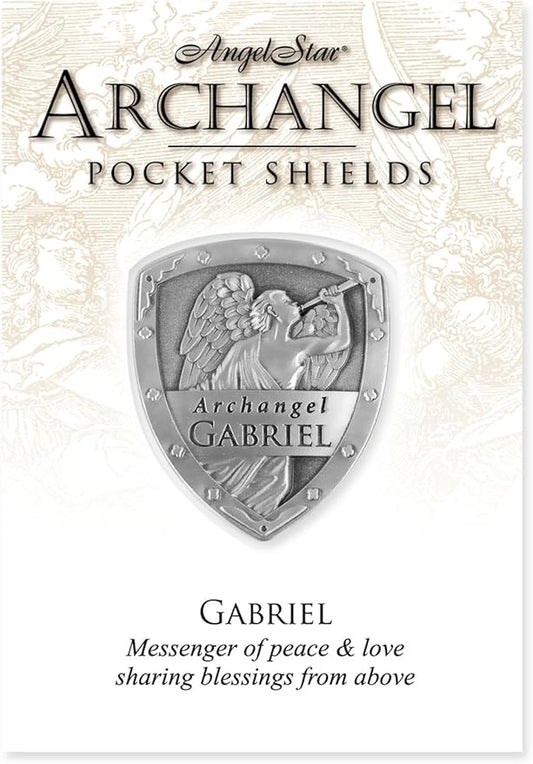 A collectible card featuring an embossed emblem of Archangel Gabriel with the text 'Archangel Gabriel - Messenger of peace & love, sharing blessings from above'.