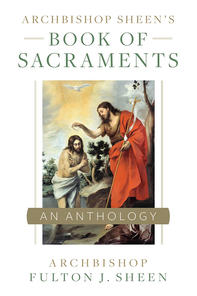 Book cover of 'Archbishop Sheen's Book of Sacraments' with an illustration of two figures, one in red robes and the other in white, set against a white background.