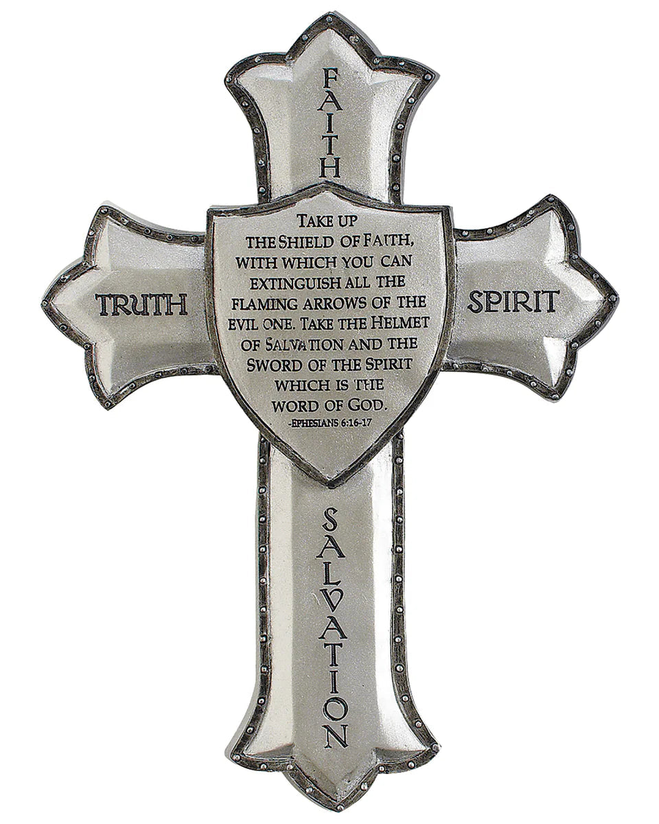 Decorative cross with religious text on a white background