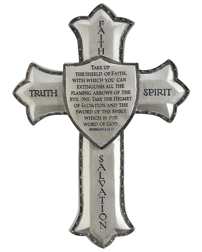 Decorative cross with religious text on a white background