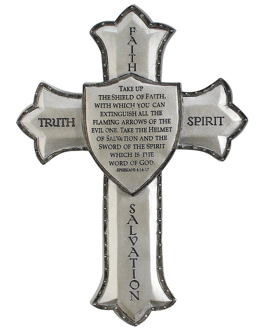 Decorative cross with religious text on a white background